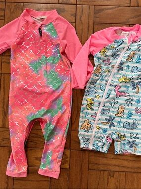 Girls Pink Mermaid Print and Dinosaur Print One-Piece Rash Guards